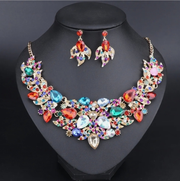18K gold plated multi color rainbow crystal Necklace earrings set - Picture 5 of 14